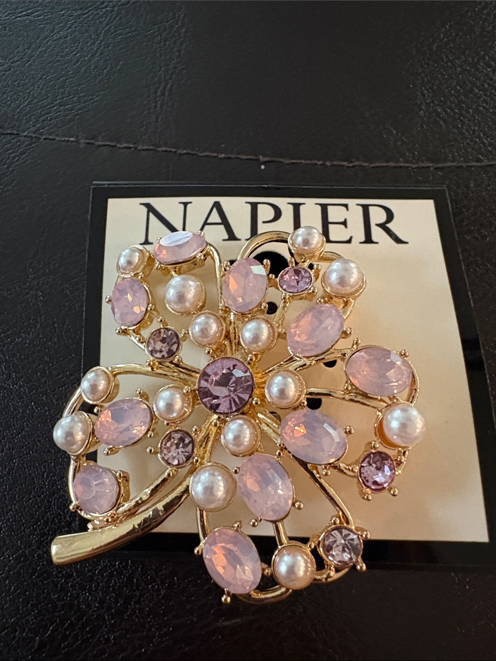 Napier Gold-Tone Lavender Pink Crystal & Pearl Floral Brooch
